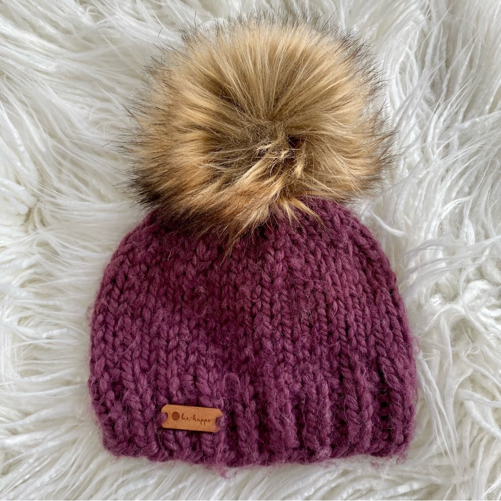 B.e.happe Toddler Girls Maroon Faux Fur Pompom Hat